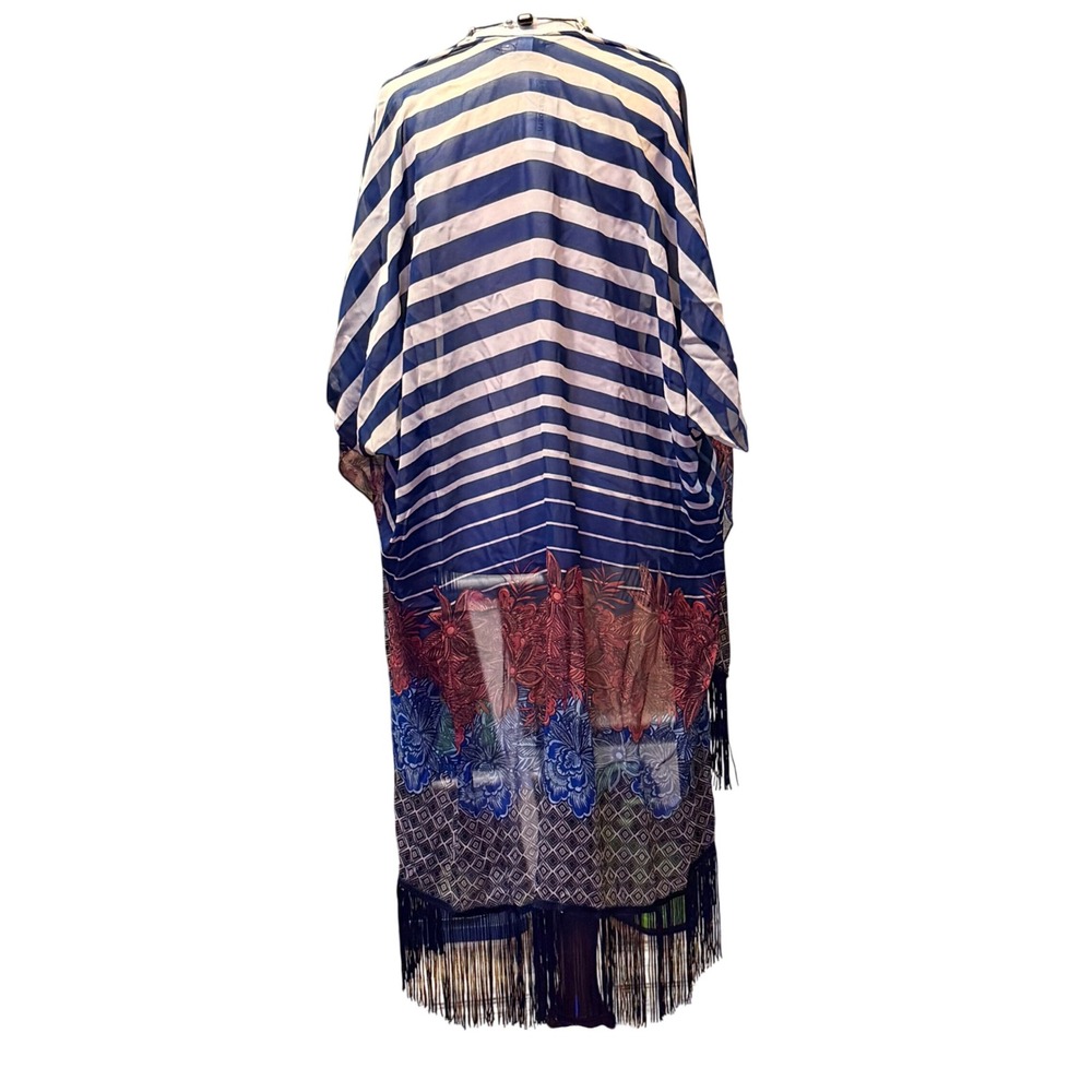 DressBarn Women One Size Blue Red Floral Stripe Kimono Duster Fringe‎ - Picture 3 of 6